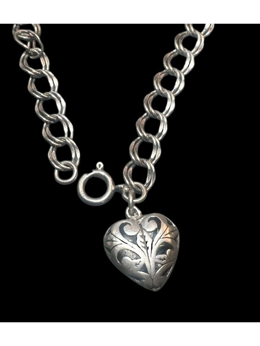 Vintage 925 Sterling Silver Double Curb Link Charm Bracelet Puffy Heart - Picture 2 of 7